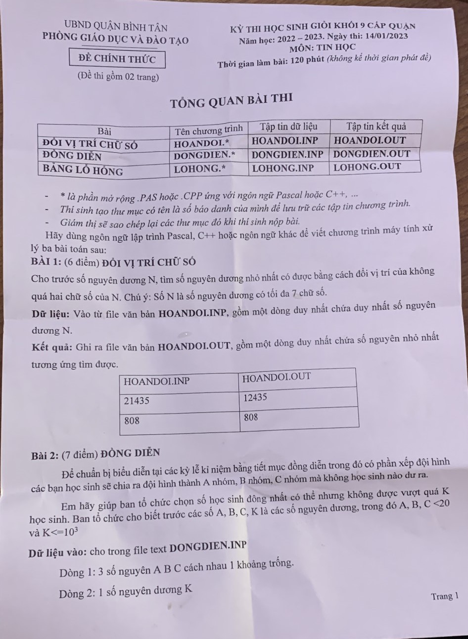 Đề thi học sinh giỏi lớp 9 (vòng 2) quận Bình Tân năm học 2022 - 2023, trang 1