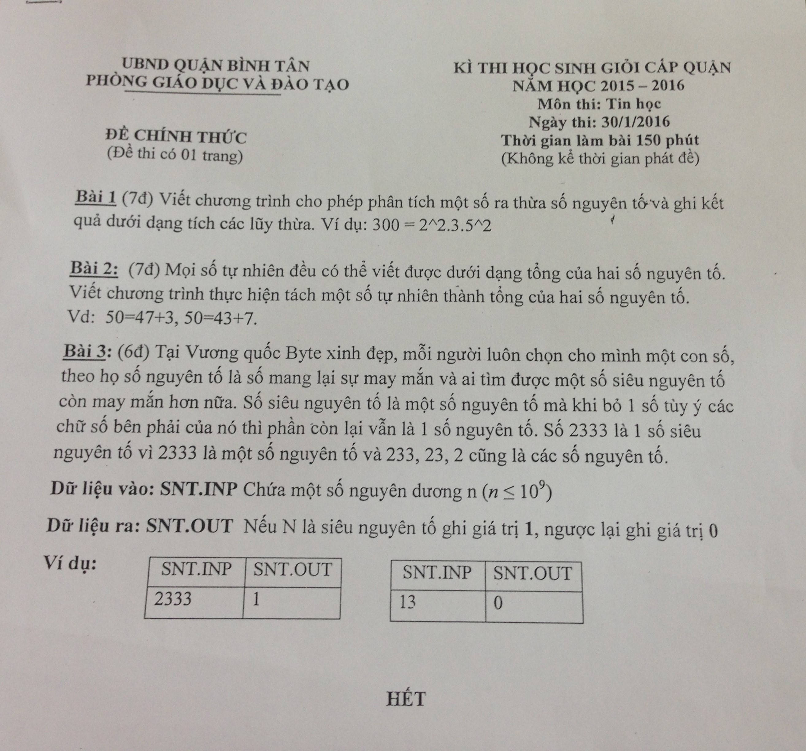 Đề thi học sinh giỏi lớp 9 (vòng 2) quận Bình Tân năm học 2015 - 2016
